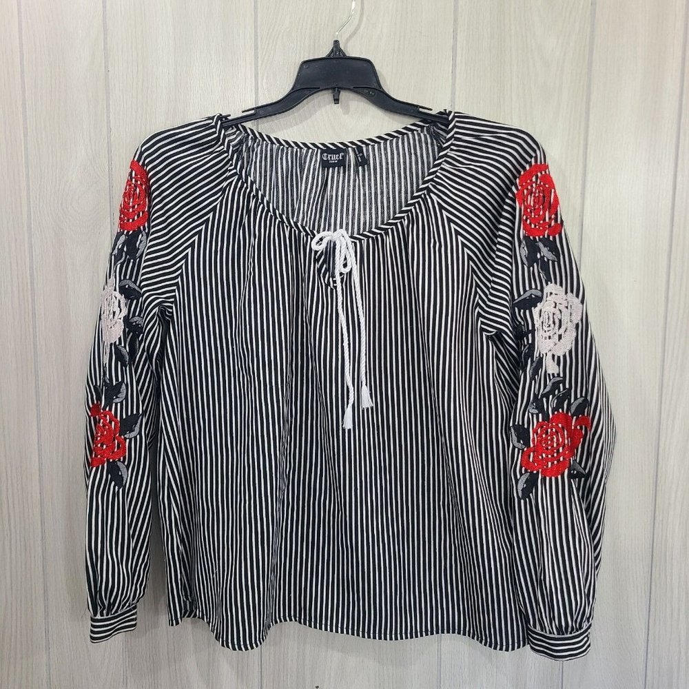 Cruel Denim Striped Tie Front Floral Embroidered Long Sleeve Top Size S Gothic